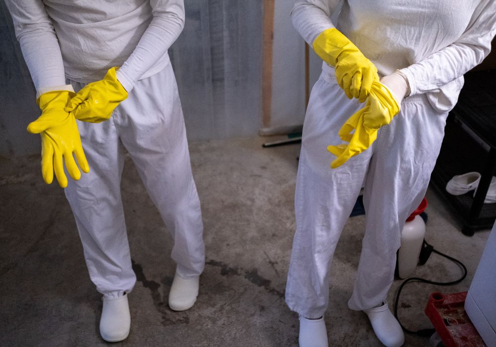 professional hoarding cleanup services wearing gloves