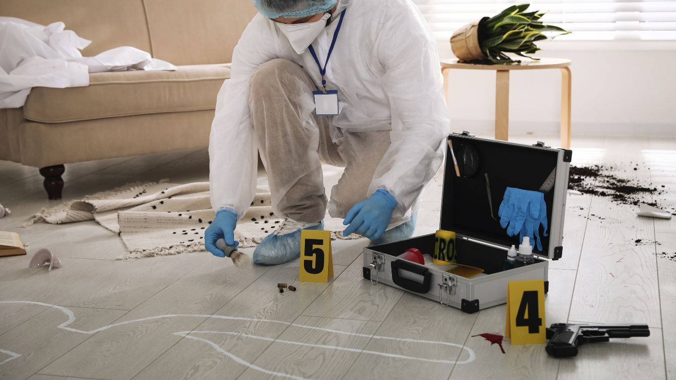 Professional crime scene cleanup expert restoring a contaminated living room.