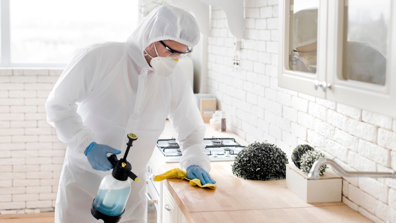 How Odor Removal in Fort Myers Turns Stinky Spaces Into Fresh Ones Technician disinfecting kitchen surface during odor removal in Fort Myers.