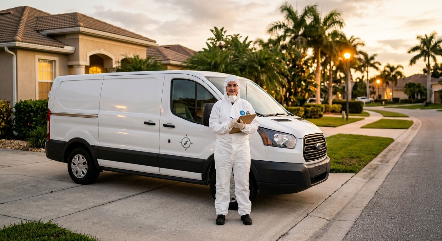A Clean Keepers biohazard technician in a white hazmat suit stands beside a white van at a residential home in Cape Coral, Florida during evening hours, holding a clipboard.