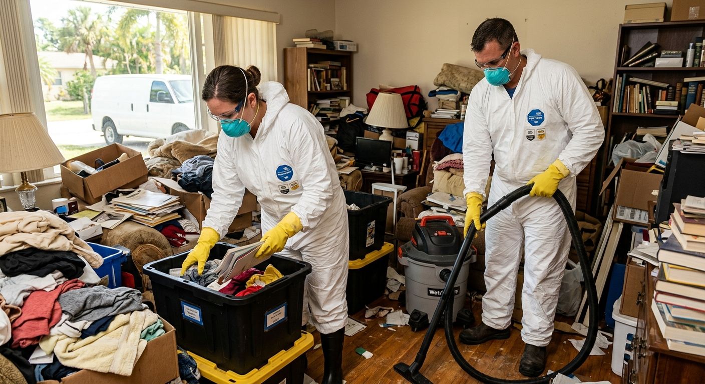 Two hoarding cleanup technicians in full PPE inside a cluttered Fort Myers home, one sorting items, the other operating equipment, with an unmarked van visible through the window.