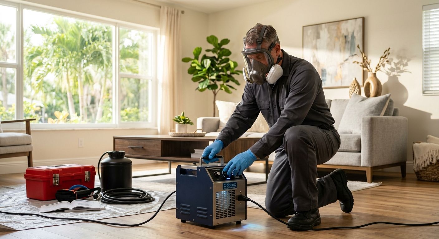 A licensed odor removal technician in protective gear uses a hydroxyl generator in a sunny Fort Myers living room with modern furniture.
