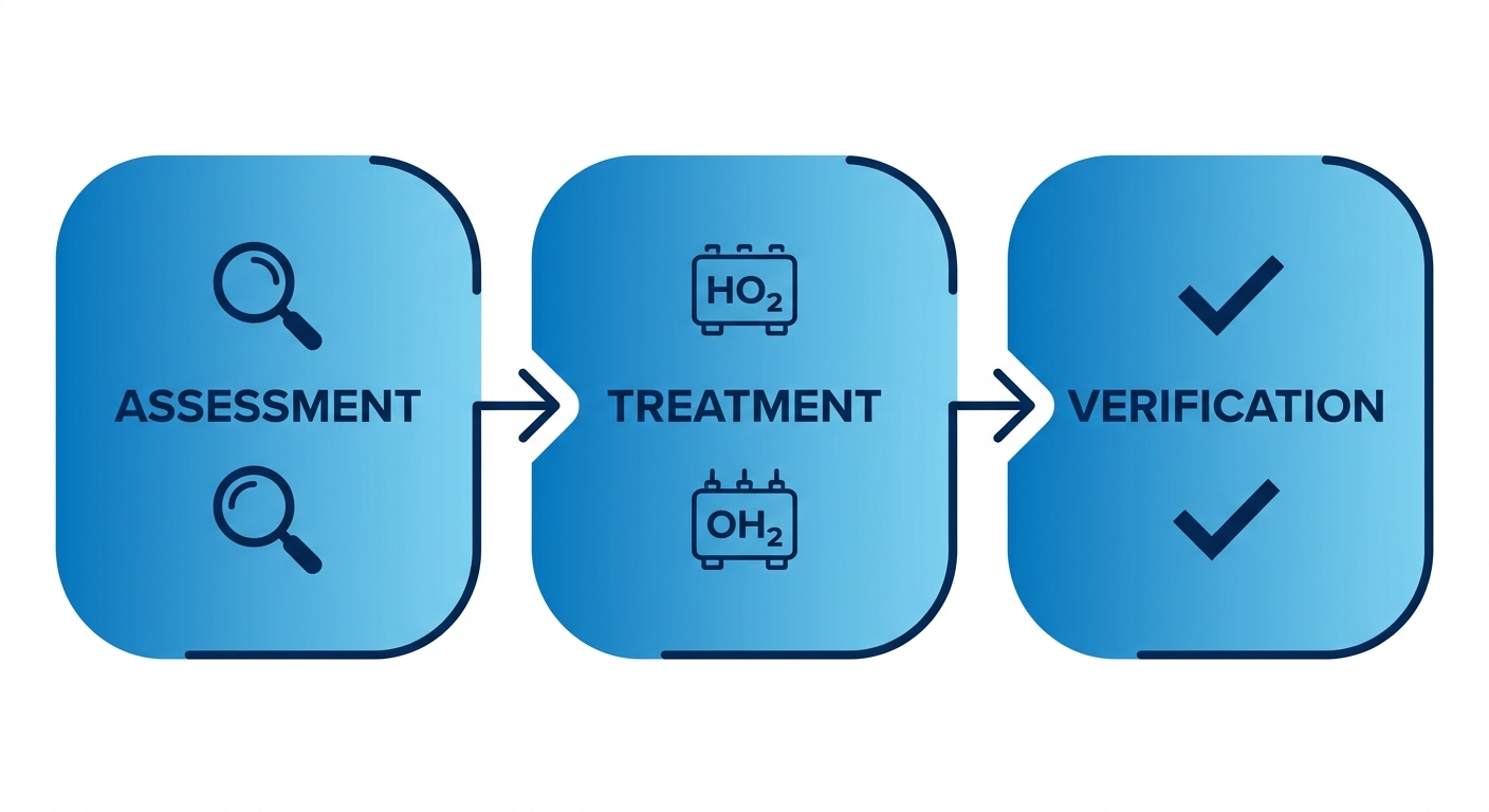 Process flow diagram for professional odor removal: Assessment, Treatment, Verification
