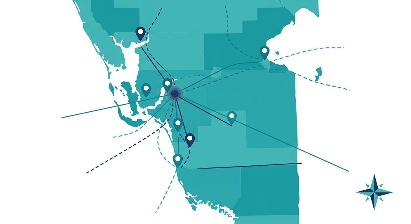 Flat design infographic of Southwest Florida service area map with teal and navy stylized map and pin icons