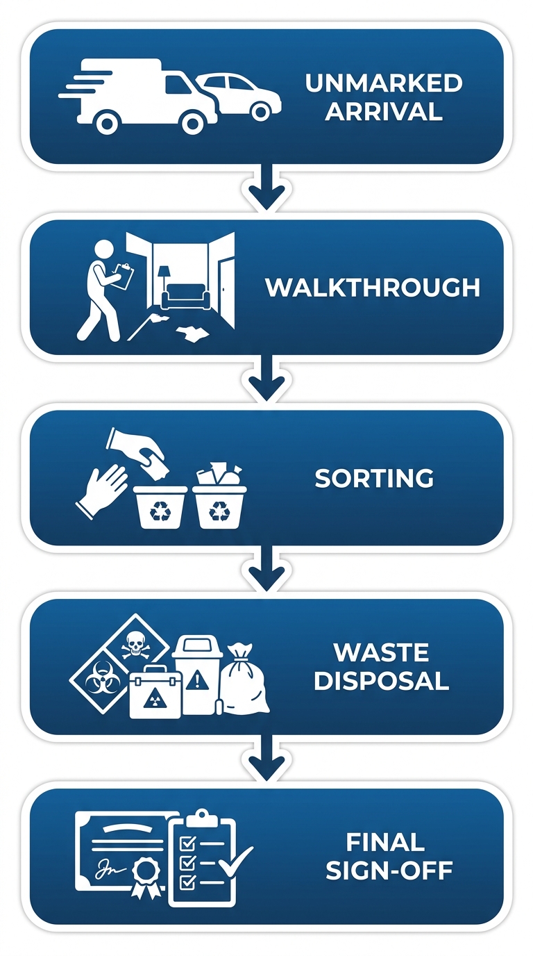 Five-stage vertical process flow for hoarding cleanup: unmarked arrival, walkthrough, sorting, hazardous waste disposal, final sign-off