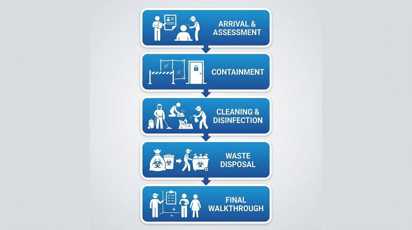 Vertical diagram showing five steps of crime scene cleanup: Arrival and Assessment, Containment, Cleaning and Disinfection, Waste Disposal, Final Walkthrough, with icons and downward arrows.